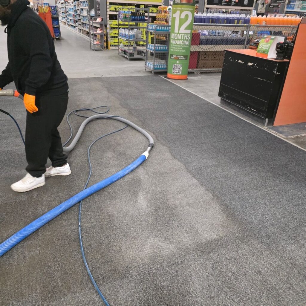 Technician operating a floor cleaning machine in a commercial building